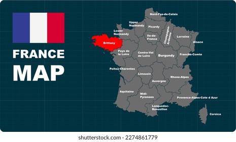 Brittany Map, Brittany red highlighted in 🇫🇷 FANCE 🇫🇷 map, flat design illustration vector