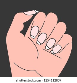 Brittle nails, female hand with thin broken nails. Vector illustration