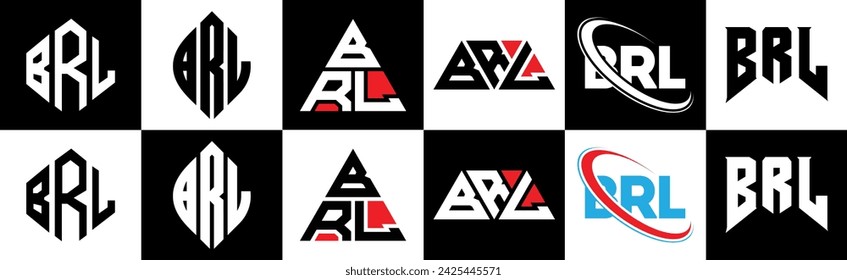 BRL letter logo design in six style. BRL polygon, circle, triangle, hexagon, flat and simple style with black and white color variation letter logo set in one artboard. BRL minimalist and classic logo svg