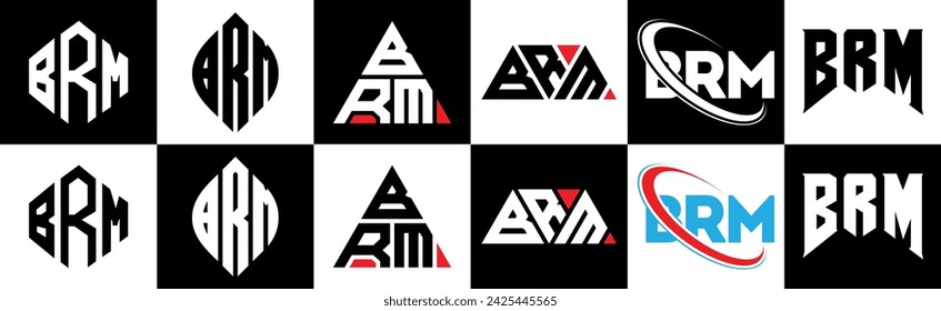 Diseño del logotipo de la letra BRM en seis estilos. El polígono BRM, el círculo, el triángulo, el hexágono, el estilo plano y simple con el logotipo de la letra de la variación del color blanco y negro fijado en una mesa de trabajo. BRM logotipo minimalista y clásico