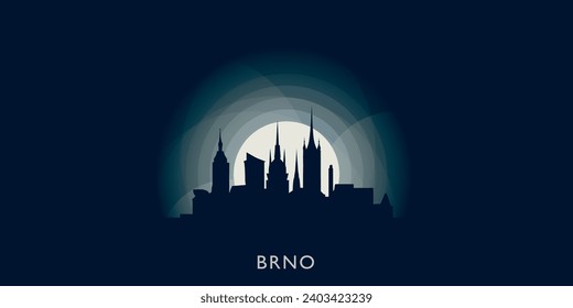 Brno cityscape skyline city panorama vector flat modern banner illustration. Czech Republic region emblem idea with landmarks and building silhouettes at sunrise sunset night