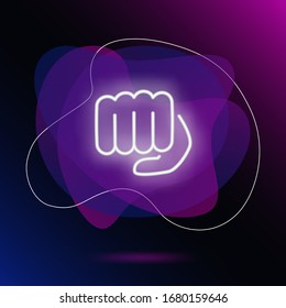 Bro fist neon sign. Glowing white fist on brick wall background. Vector illustration can be used for gesturing, communication, chatting