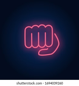 Bro fist neon sign. Glowing white fist on brick wall background. Vector illustration can be used for gesturing, communication, chatting