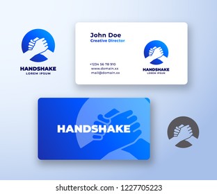 Bro Handshake Abstract Vector Logo and Business Card Template. Friends, Partners or Brothers Hand Shake Incorporated in a Circle Concept with Modern Typography. Stationary Realistic Mock Up. Isolated.