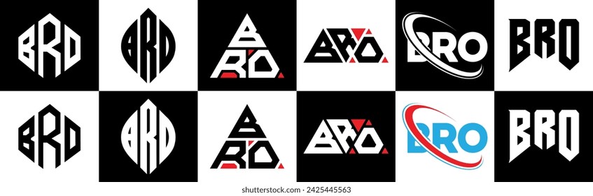 BRO letter logo design in six style. BRO polygon, circle, triangle, hexagon, flat and simple style with black and white color variation letter logo set in one artboard. BRO minimalist and classic logo