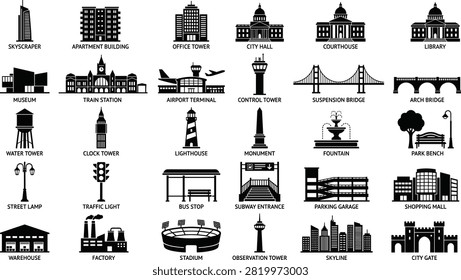 Broad array of simple black and white icons illustrating various city structures landmarks and urban infrastructure