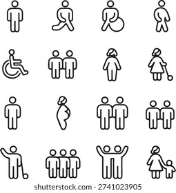 A broad array of vector icons illustrating different types of people, including individuals, groups, and those with varying abilities.