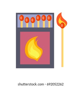 Broad dark blue half opened box of matches with purple rectangle and flame on it along with inflamed matchstick isolated vector illustration on white