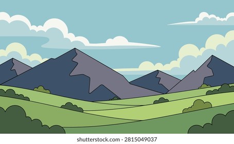 Broad mountain landscape with green fields, rolling hills, small bushes, and sharp peaks under a cloudy sky.