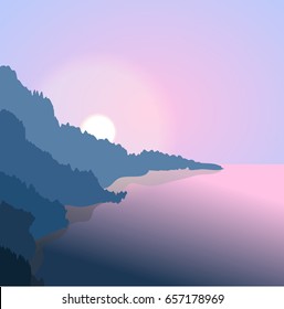 Broad mountain river or lake at dawn. Mountains covered with forest. Vector landscape.