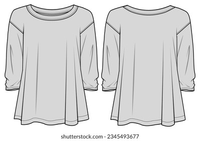 Broad Neck Drop Shoulder Long Sleeve Top  Front and Back View. Fashion Flat Sketch Vector Illustration, CAD, Technical Drawing, Flat Drawing, Template, Mockup.