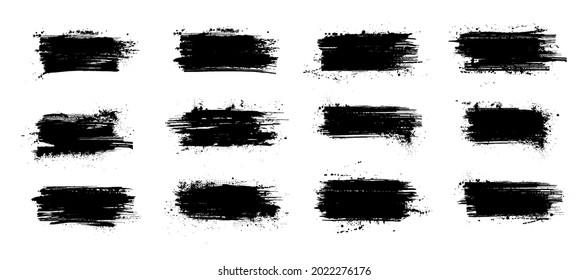 Broad strokes of paint, ink splashen, brushstroke. Black paint splatter with dirt stain and spray splash. Brush stroke with drops blots isolated on white background. Vector dirty strokes silhouette