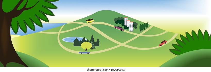  a broad view of the sea and hill and roads