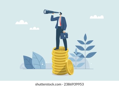 The broad vision of market leaders, Financial growth opportunities or investment profits, Searching for success and business goals, Businessman with spyglass standing on pile of gold coins.