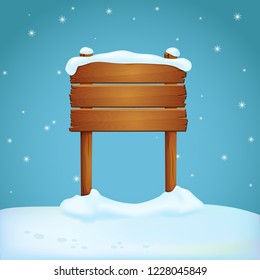 Broad wooden sign with two posts covered with snow on the snowy ground. Blue background with falling snowflakes. Winter season sign. Vector.