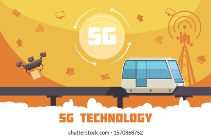 Broadband 5g internet technology flat poster with high speed remotely controlled vehicles  and web icons vector illustration