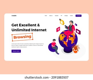 Broadband Internet Service Web Template Design. Web service idea landing page computer internet vector illustration design.