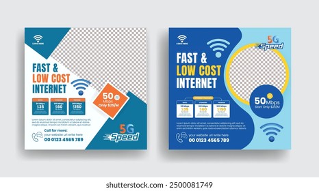 Broadband internet and telecommunications service square poster or flyer set or social media posts, ads, banner template