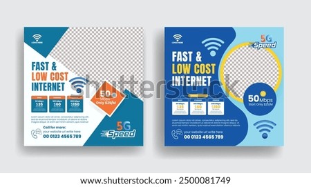 Broadband internet and telecommunications service square poster or flyer set or social media posts, ads, banner template