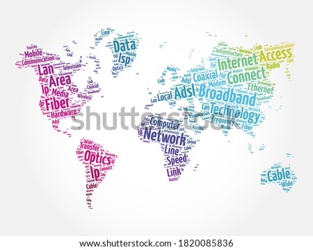 Broadband word cloud in shape of world map, technology concept background
