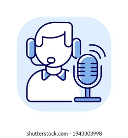 Broadcast blue RGB color icon. Radio stream. Online podcast presenter. Person record audio. Communication and information transmission. Wireless network for signal. Isolated vector illustration