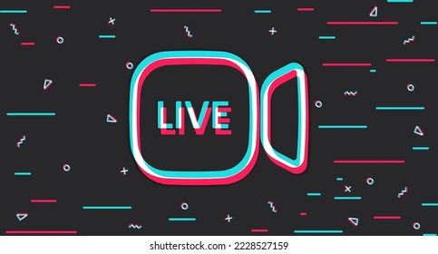 Broadcast camera. Live icon. Background in glitch style. Social networks. Vector illustration