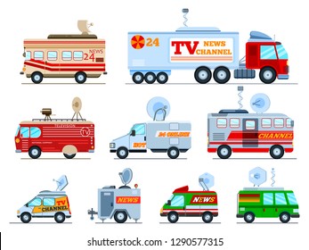 Broadcast car vector tv vehicle broadcasting van with antenna satellite media and television transport illustration set of breaking live news technology auto isolated on white background