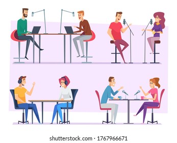 Broadcast characters. Radio show people studio making sound and music microphone vector illustration set