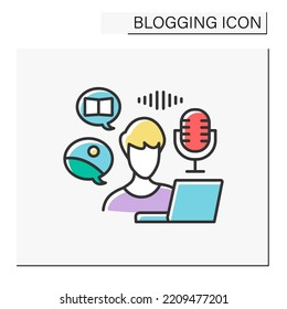 Broadcast color icon.Recording reading books by microphone. Share content to subscribers. Content plan. Blogging concept. Isolated vector illustration