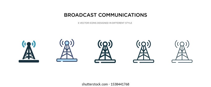 broadcast communications tower icon in different style vector illustration. two colored and black broadcast communications tower vector icons designed in filled, outline, line and stroke style can