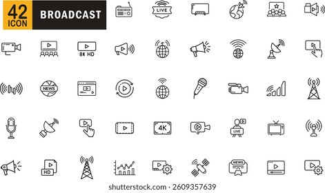 Broadcast editable outline icon set. Live-streaming, satellite, video-content, media-coverage, digital-news and more.