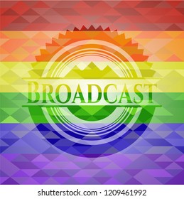 Broadcast emblem on mosaic background with the colors of the LGBT flag