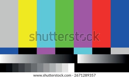 Broadcast error. Television color bars test pattern screen with rainbow stripes and grayscale blocks. Retro TV signal, broadcast error, no signal display, vintage monitor calibration