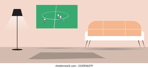 Broadcast Football On TV Screen. Flat Vector Stock Illustration. Interior Of Living Room. Stream Sports Match. Sofa And Lamp, No People For Design