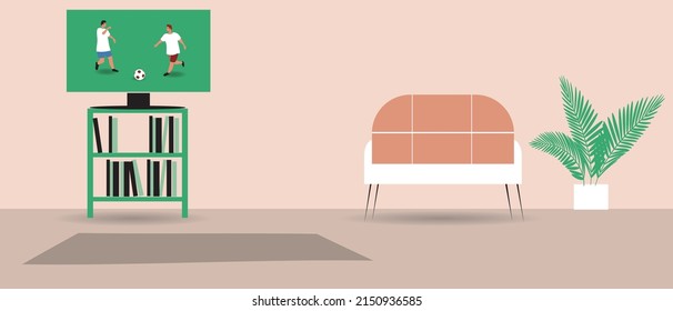 Broadcast Football On TV Screen For Overlapping. Flat Vector Stock Illustration. Interior Of Living Room With Furniture, Sofa, Plant For Design. Stream Sports Match, No People