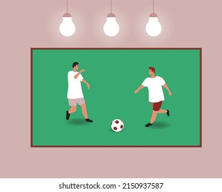 Broadcast football on TV screen. Flat vector stock illustration. Live broadcast of sports match. Computer screen or monitor isolated