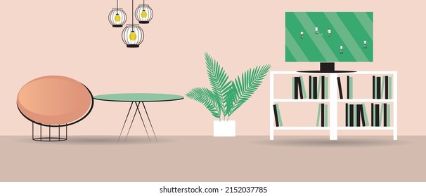 Broadcast football on TV screen. Flat vector stock illustration. Interior of living room. Stream sports match. Template for overlay and design