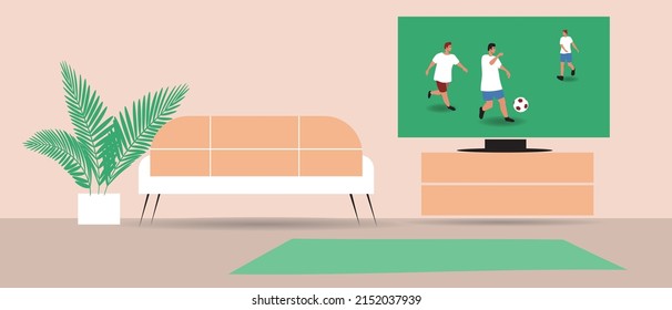 Broadcast Football On TV Screen. Flat Vector Stock Illustration. Interior Of Living Room. Stream Sports Match. Indoor For Design And No People