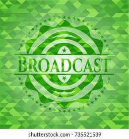 Broadcast green emblem with triangle mosaic background
