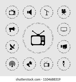 Broadcast icon. collection of 13 broadcast filled icons such as microphone, tv, megaphone, signal, tv, camera. editable broadcast icons for web and mobile.