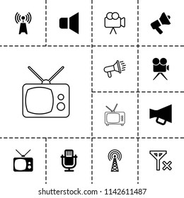 Broadcast icon. collection of 13 broadcast filled and outline icons such as microphone, megaphone, camera, no signal. editable broadcast icons for web and mobile.