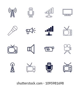 Broadcast icon. collection of 16 broadcast filled and outline icons such as signal tower, microphone, transmitter, tv, tv, camera. editable broadcast icons for web and mobile.