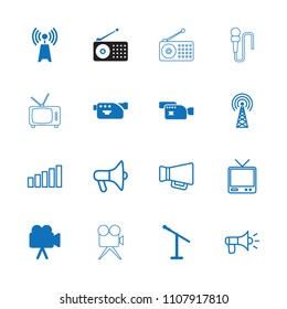Broadcast icon. collection of 16 broadcast filled and outline icons such as microphone, camera, megaphone, tv, signal. editable broadcast icons for web and mobile.