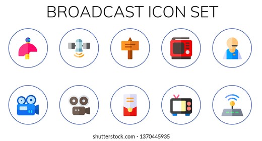broadcast icon set. 10 flat broadcast icons.  Collection Of - video camera, satellite, signal, tower, tv, television, journalist, wifi