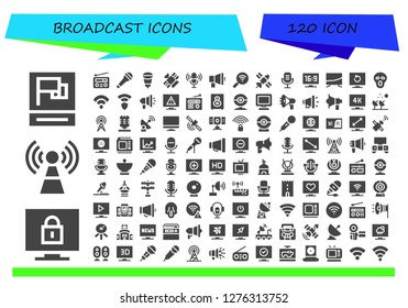  broadcast icon set. 120 filled broadcast icons. Simple modern icons about  - Propaganda, Television, Signal, Radio, Microphone, Satellite, Megaphone, Wifi, Scream, Wifi signal
