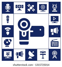 broadcast icon set. 17 filled broadcast icons.  Simple modern icons about  - Microphone, Wireless, Camcorder, Cam, Television, Megaphone, Radio, Webcam, Satellite, Transmission tower