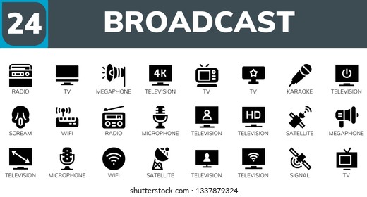 broadcast icon set. 24 filled broadcast icons.  Collection Of - Radio, Tv, Megaphone, Television, Karaoke, Scream, Wifi, Microphone, Satellite, Signal