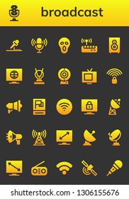 broadcast icon set. 26 filled broadcast icons.  Collection Of - Microphone, Scream, Wifi, Loudspeaker, Television, Antenna, Cam, Tv, Wifi signal, Megaphone, Propaganda, Satellite