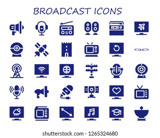  broadcast icon set. 30 filled broadcast icons. Simple modern icons about  - Megaphone, Voice recorder, Radio, Loudspeaker, Television, Web cam, Satellite, Tower, Tv, Voice message
