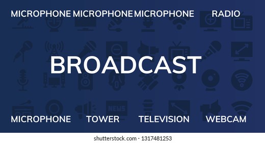 broadcast icon set. 32 filled broadcast icons. on blue background style Simple modern icons about  - Microphone, Radio, Tower, Television, Webcam, Loudspeaker, Megaphone, Scream